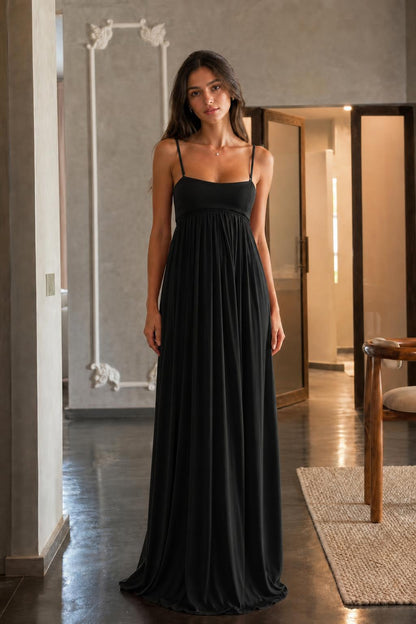 Full-length front view of black maxi dress