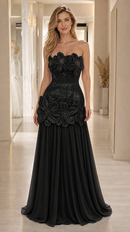Front view of black 3D floral strapless evening gown