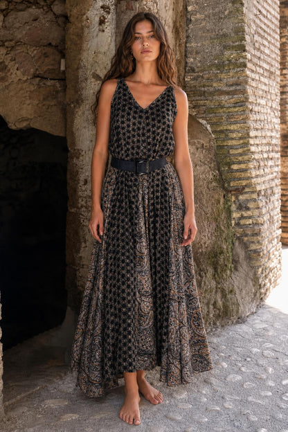 Woman wearing black printed boho maxi dress