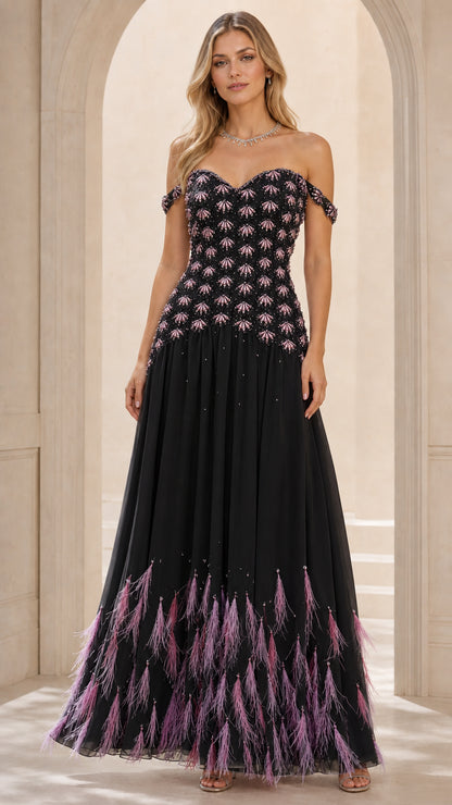 Front view of black evening gown with feathered hem