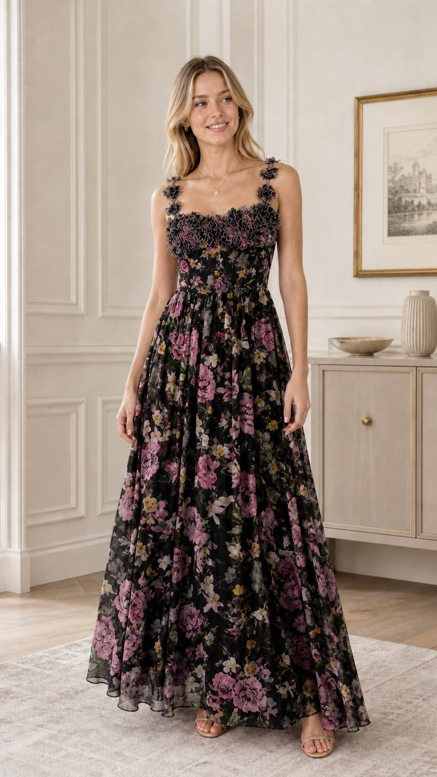 Floral Ruffle Applique Maxi Dress in Black
