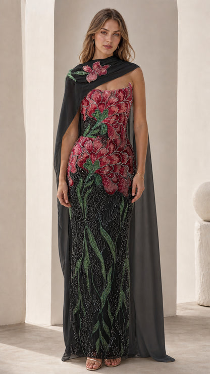 Black variant of the embroidered floral strapless evening gown with cape