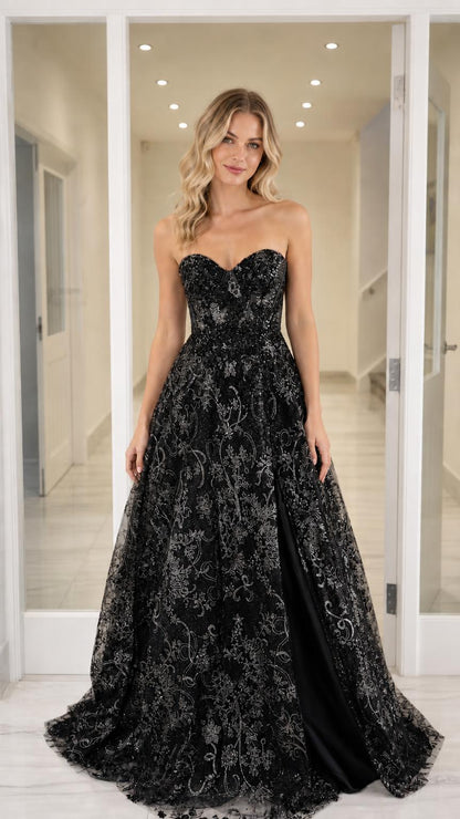 Front view of the black sequin evening gown