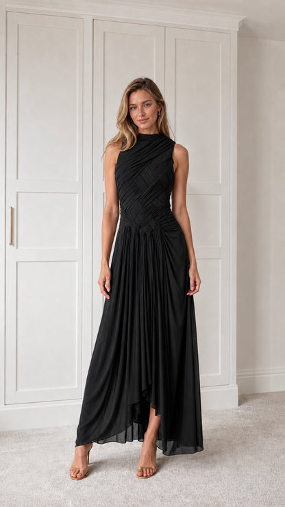 Front view of black pleated maxi dress