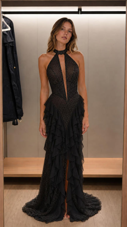 Front view of black halter neck beaded ruffle maxi dress