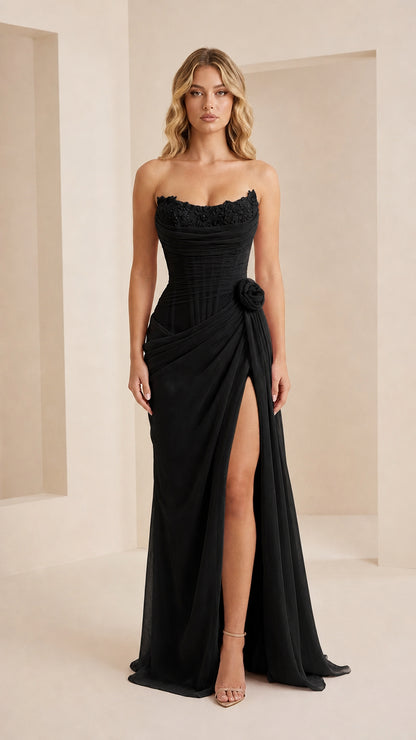 Front view of the black evening gown variant