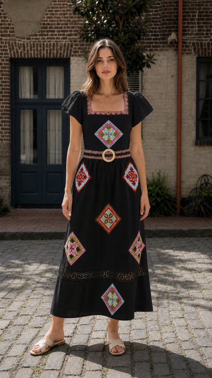 Front view of Black Bohemian Geometric Embroidered Square Neck Maxi Dress