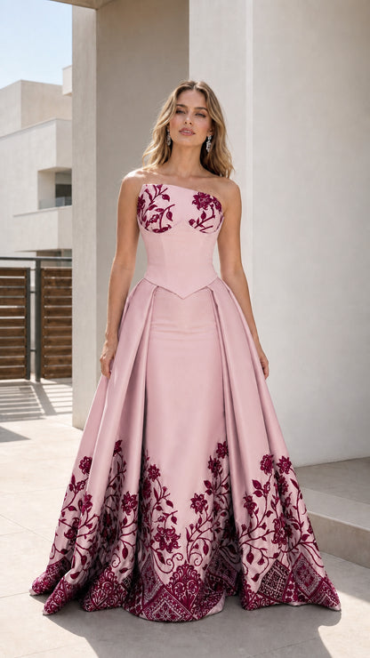 Blush pink strapless floral evening gown shown from the front