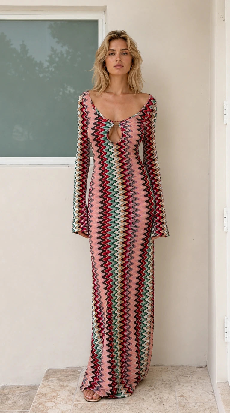 Model wearing Pink variant of chevron knit maxi dress