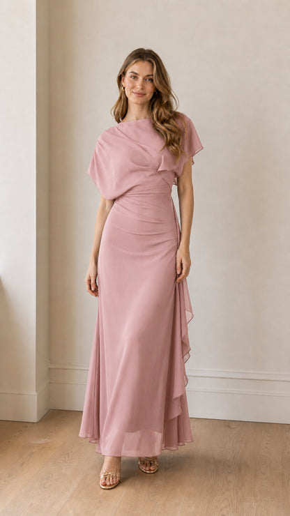 Front view of the pink color variant of the maxi dress