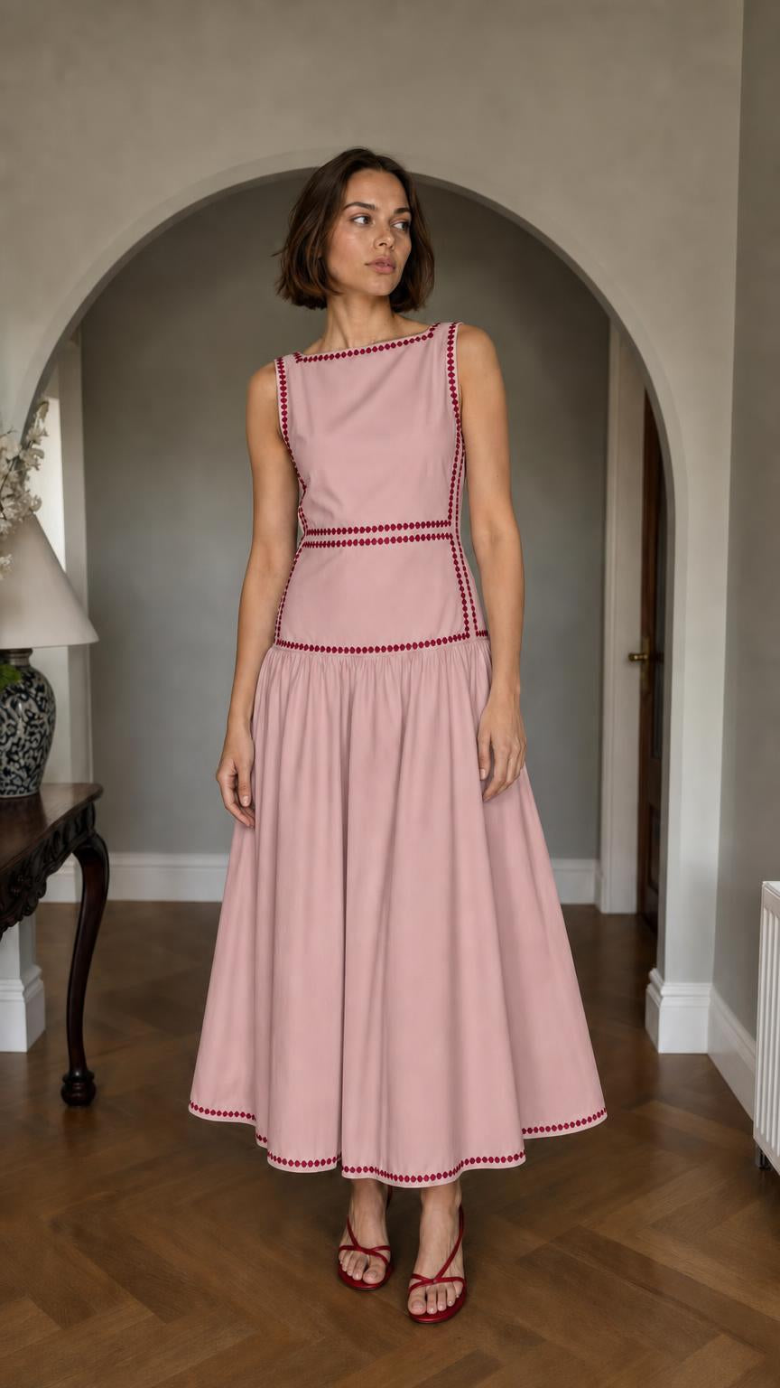 Front view of Pink embroidered sleeveless midi dress