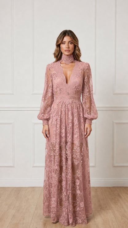 Front view of dusty rose sheer lace maxi dress