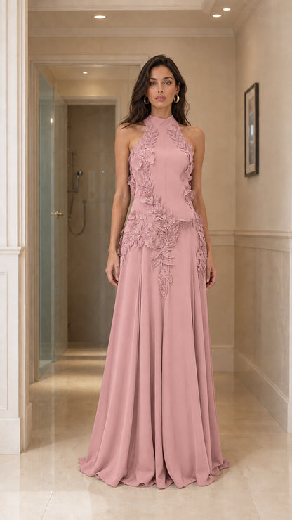 Front view of dusty pink halter neck maxi dress