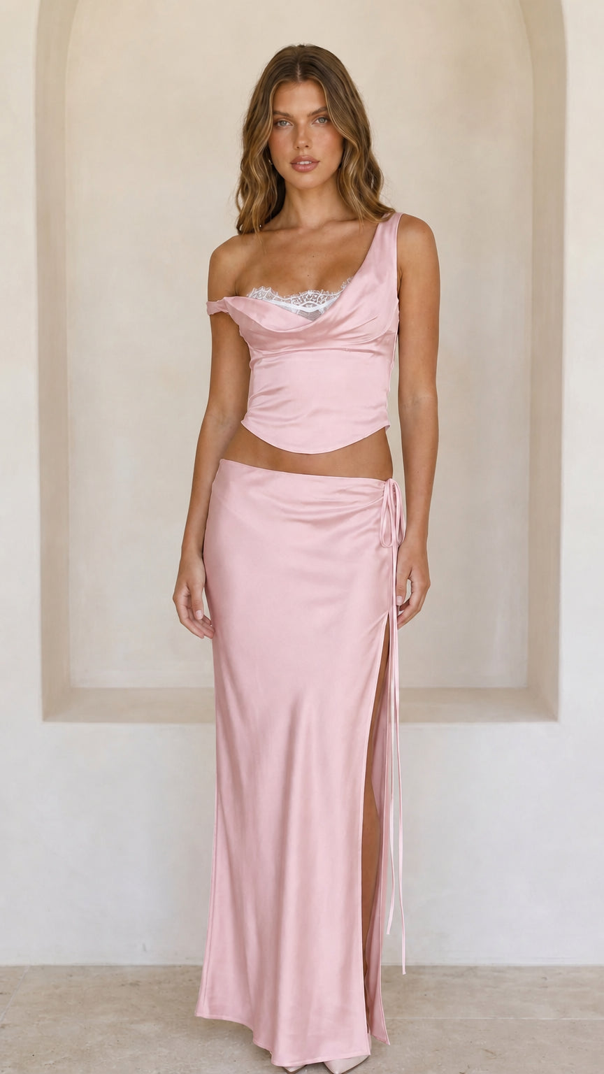 Front view of pink satin two-piece set
