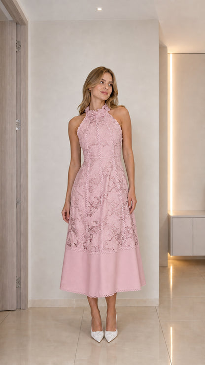 Model wearing pink halter neck floral lace midi dress