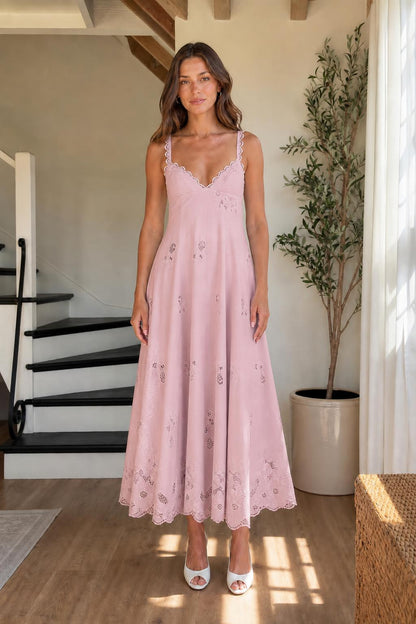 Elegance Embroidered Eyelet Midi Dress in Pink
