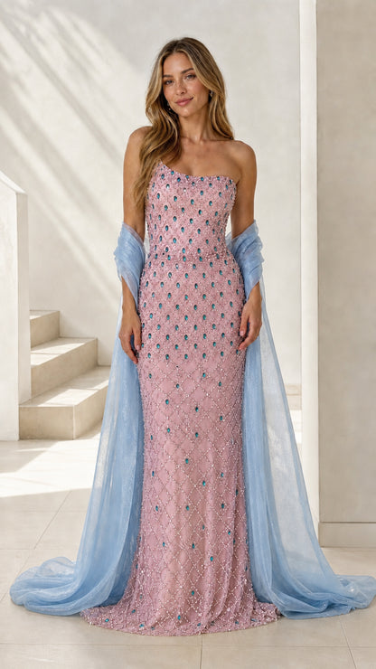 Front view of pink variant beaded evening gown