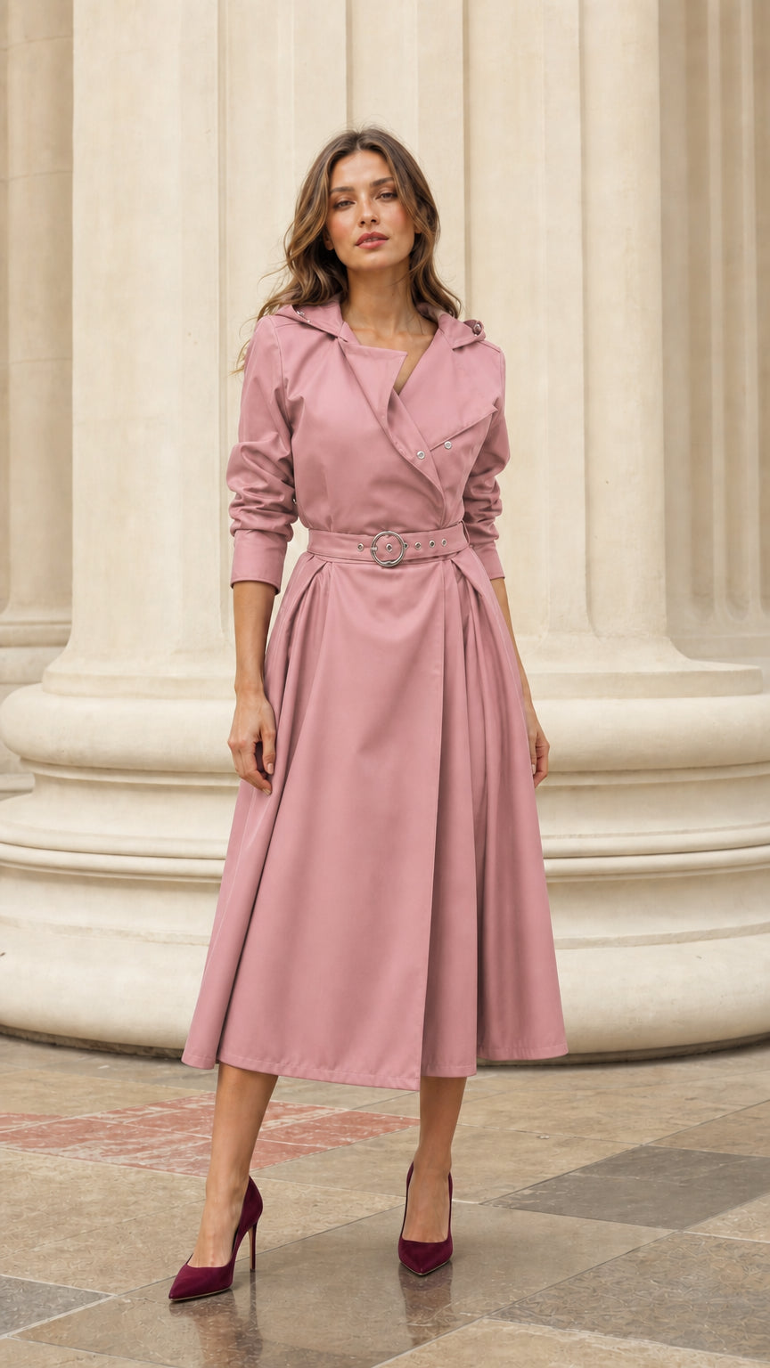 Front view of woman wearing pink hooded trench dress