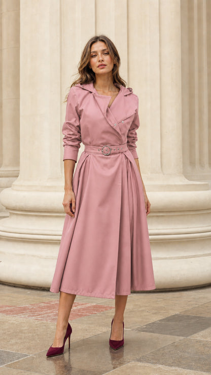 Front view of woman wearing pink hooded trench dress