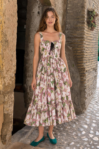 Front full view of pink floral midi dress