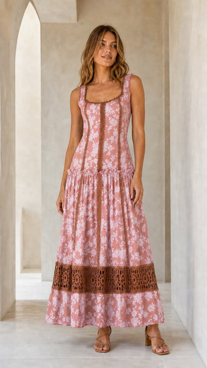 Front view of pink floral maxi dress variant