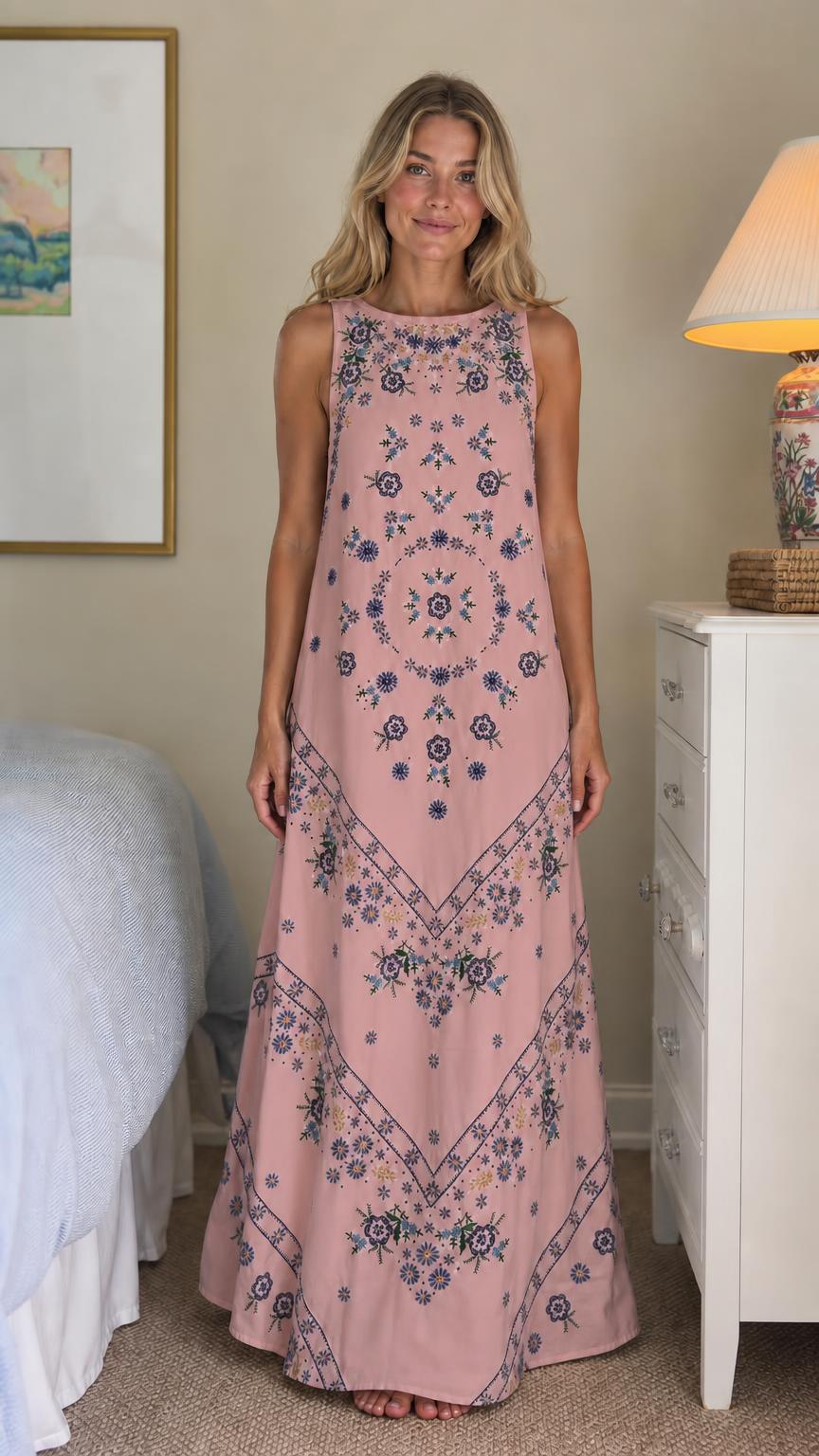Front view of pink floral embroidered maxi dress