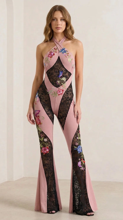 Pink color variant of the floral embroidered lace jumpsuit
