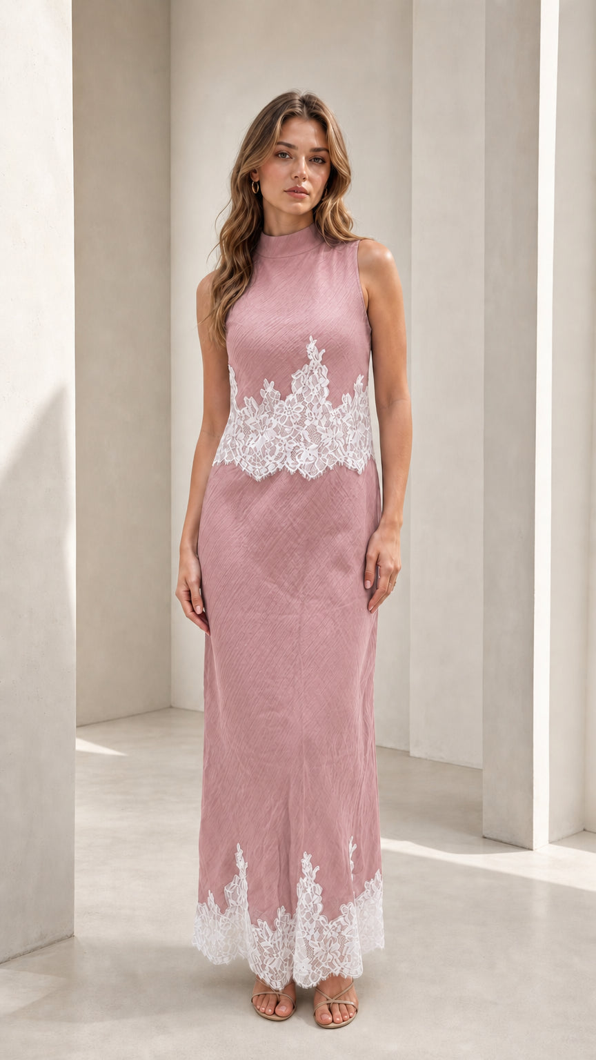 Model wearing pink mock neck lace trim maxi dress