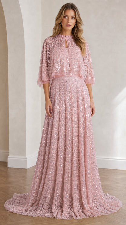 Full view of pink sequin lace capelet evening gown