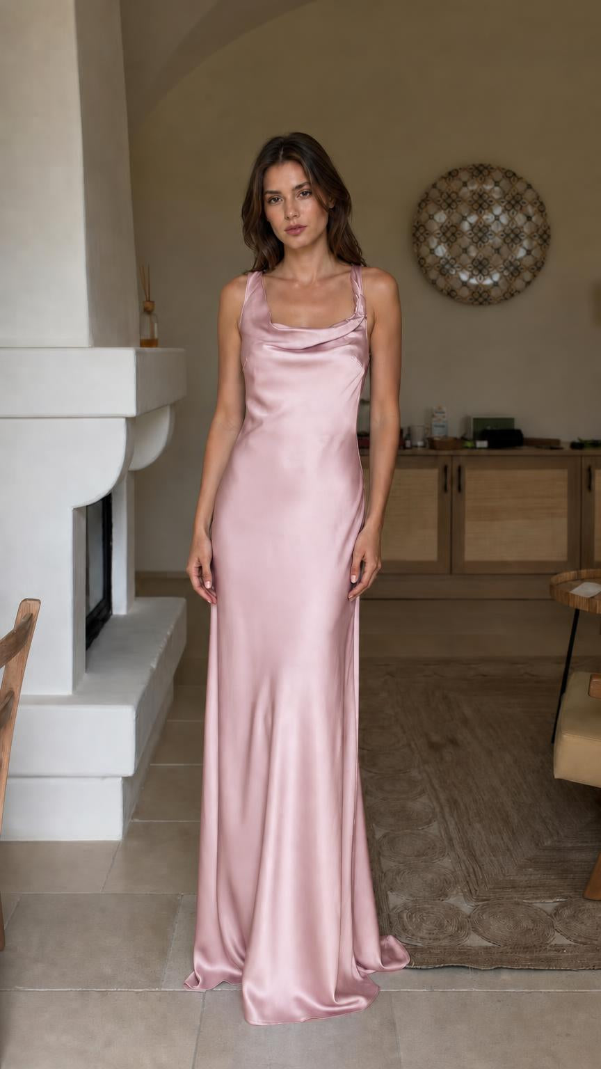 Front view of pink satin cowl neck maxi dress