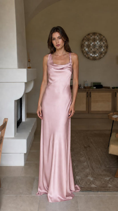 Front view of pink satin cowl neck maxi dress
