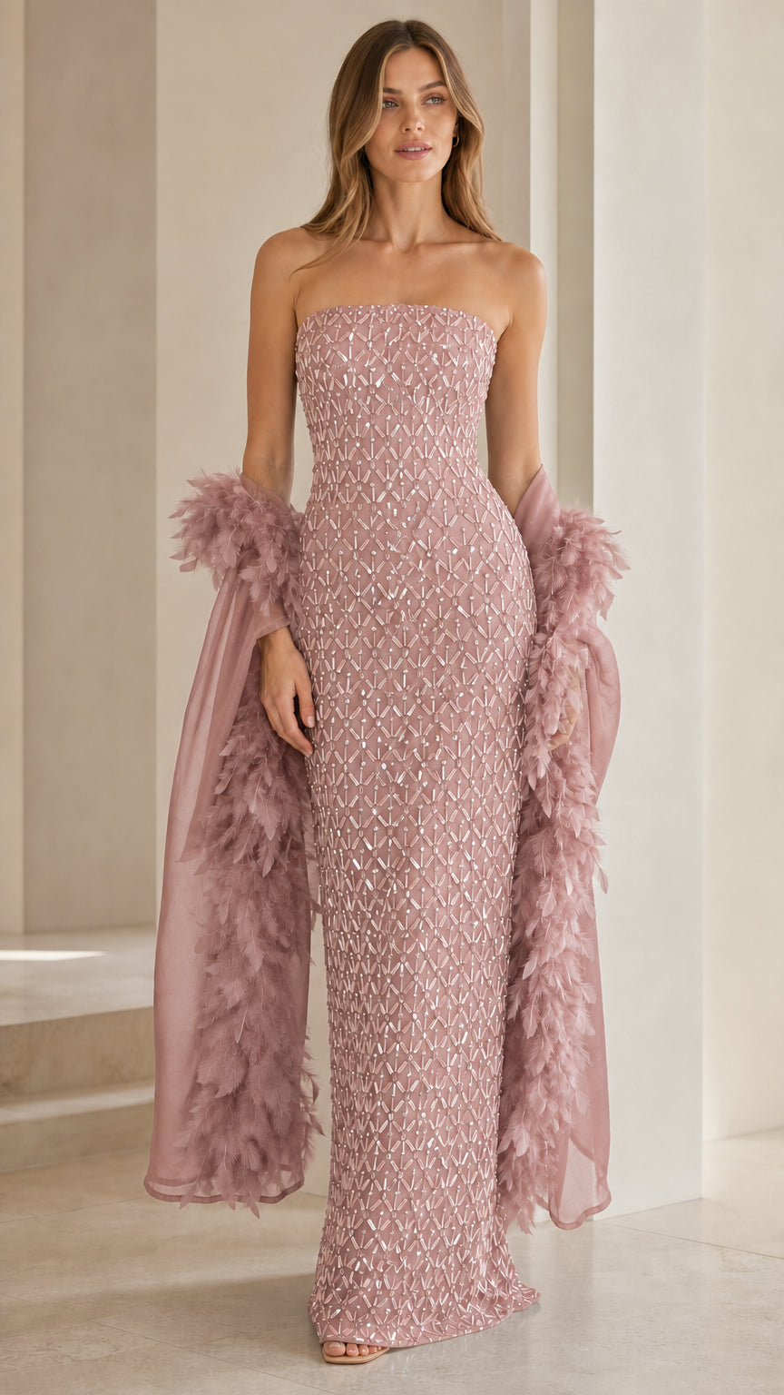 Blush pink sequin strapless evening gown with wrap