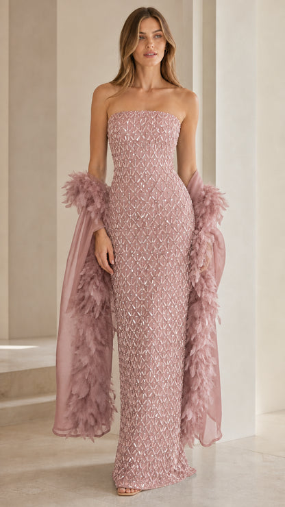Blush pink sequin strapless evening gown with wrap