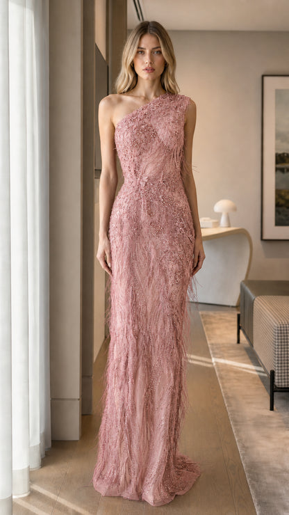 Pink One-Shoulder Beaded Formal Evening Dress Front View