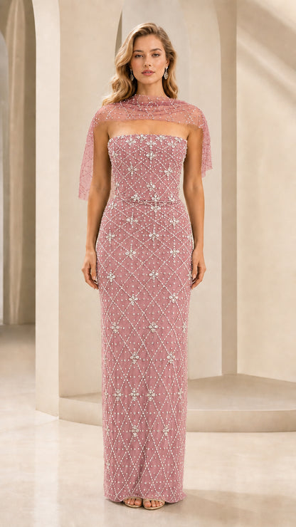Front view of pink beaded strapless evening gown