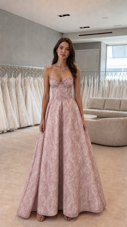 Front view of pink strapless lace evening gown