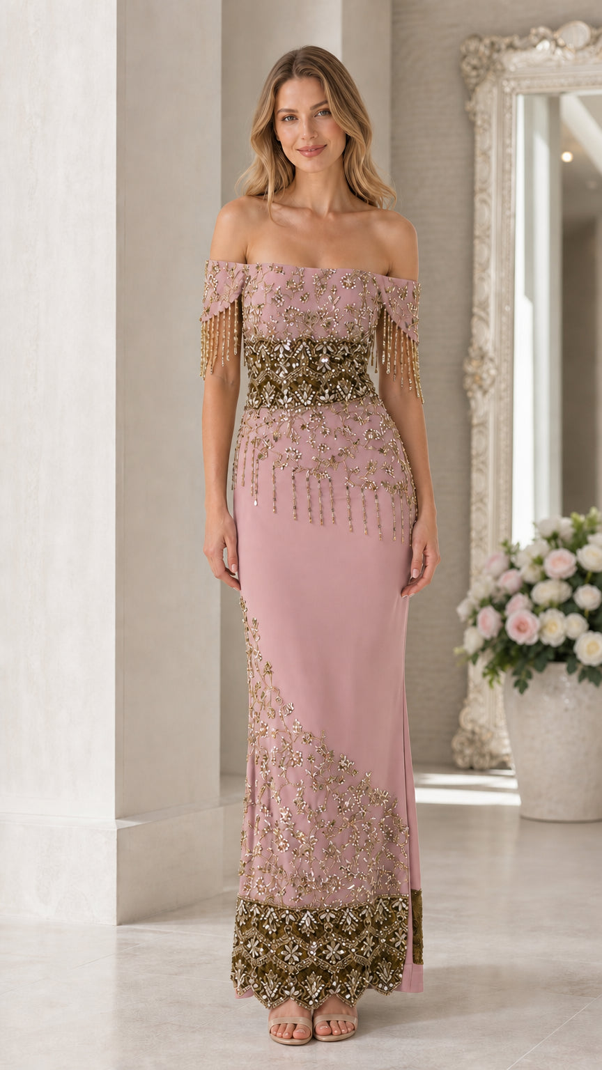 Dusty rose variant of off-shoulder beaded formal evening dress
