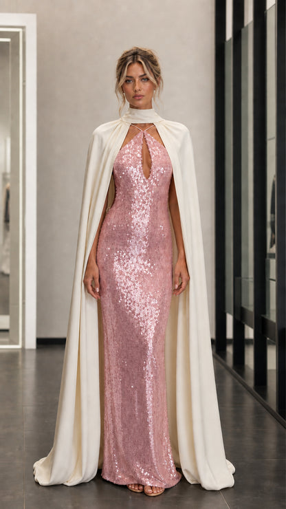 Front view of pink sequin evening dress with cape