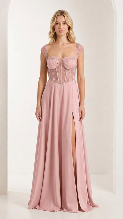 Front view of dusty pink corset evening gown