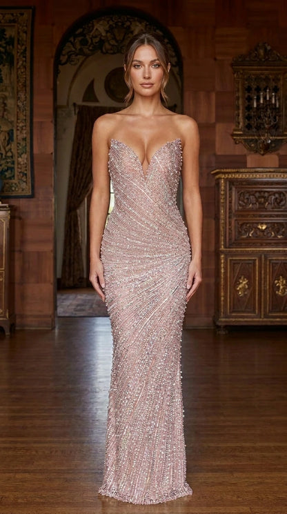 Front view of rose gold color variant of the strapless evening gown