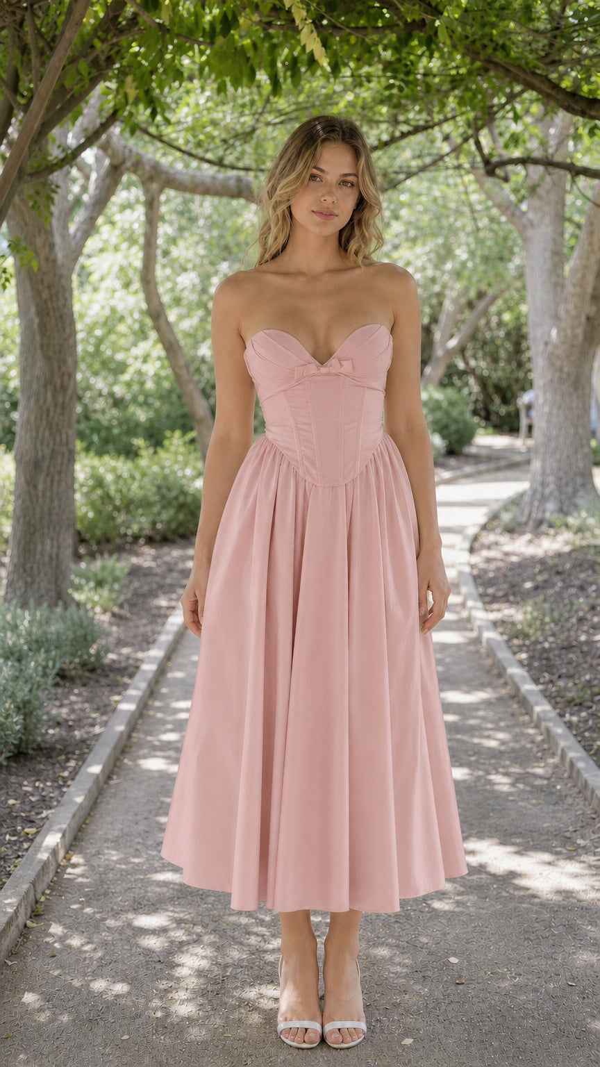 Front view of woman wearing pink strapless corset midi dress