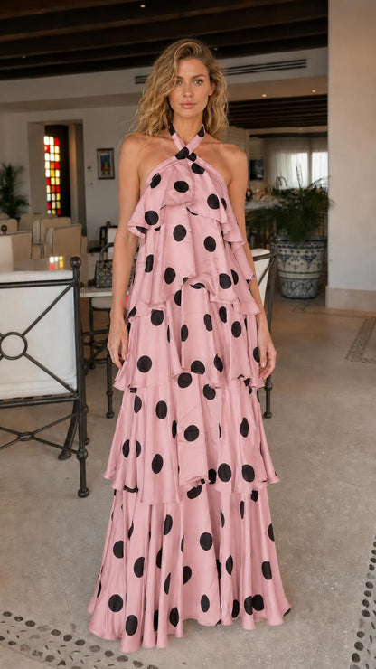 Pink polka dot halter ruffle maxi dress variant
