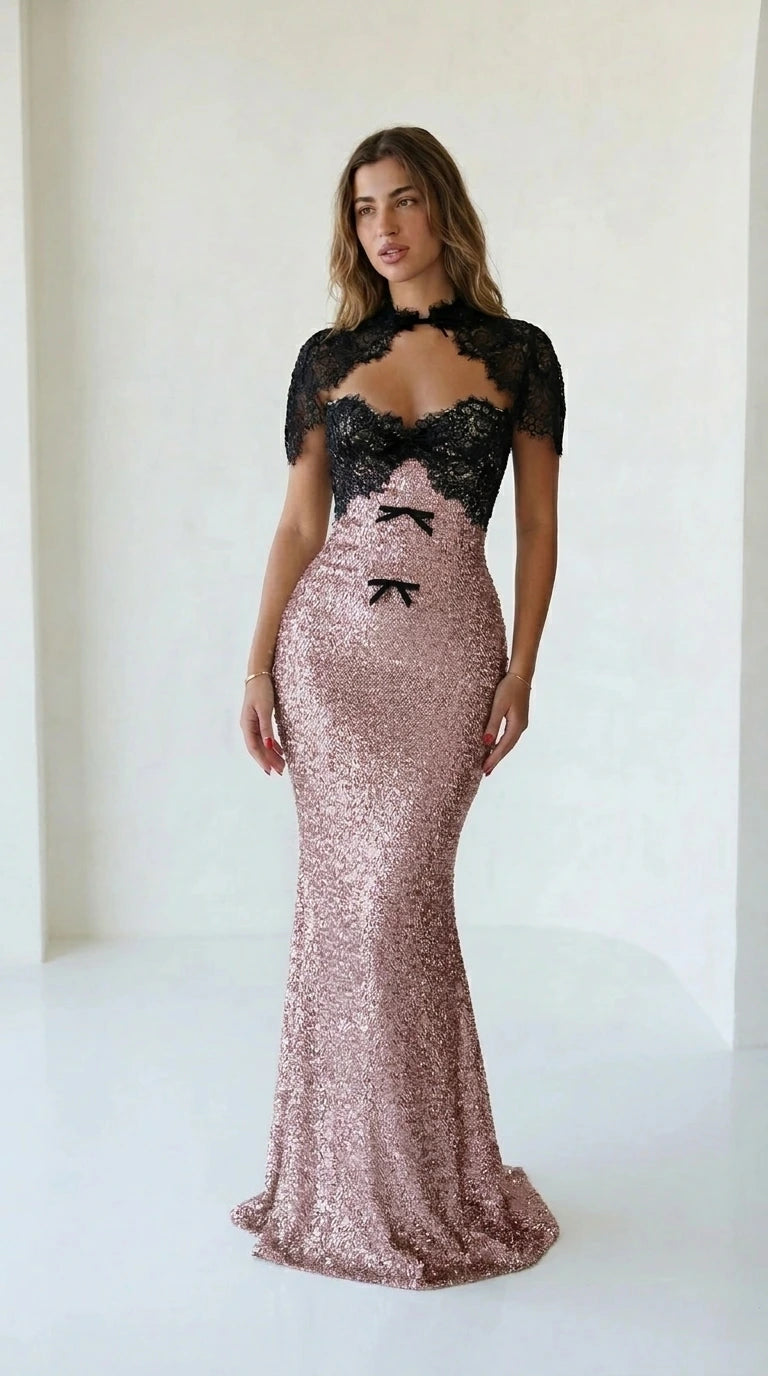 Pink sequin evening gown with black lace bodice