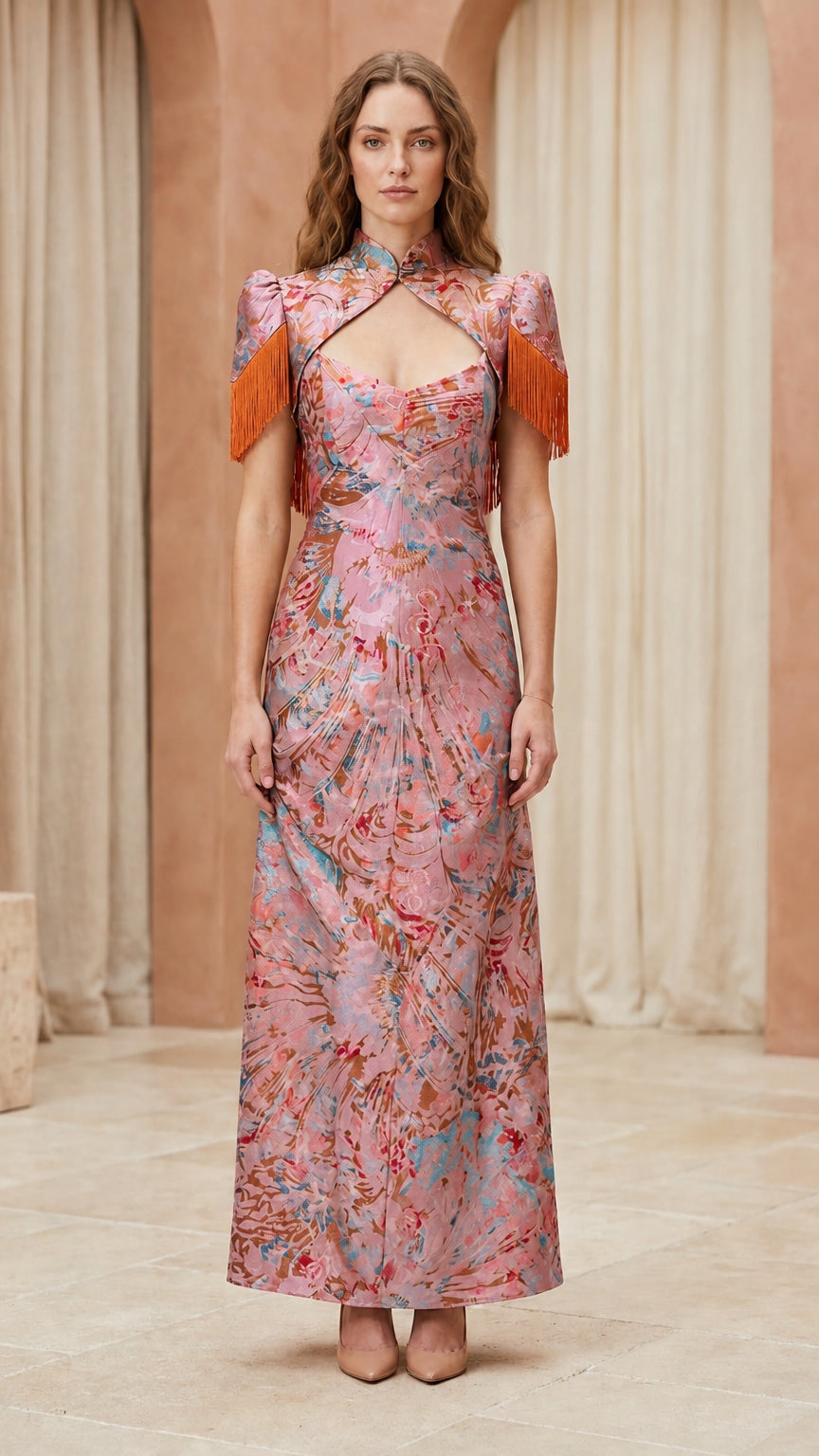 Front view of model wearing pink floral brocade maxi dress