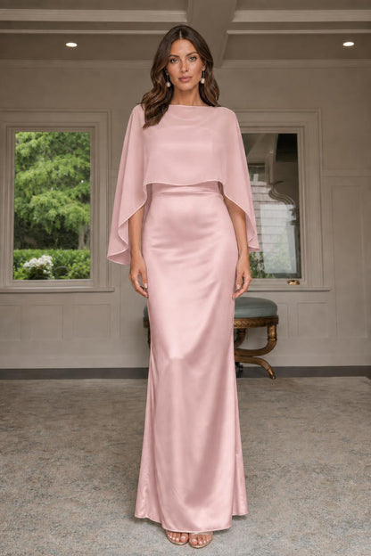 Model wearing pink cape-overlay evening gown