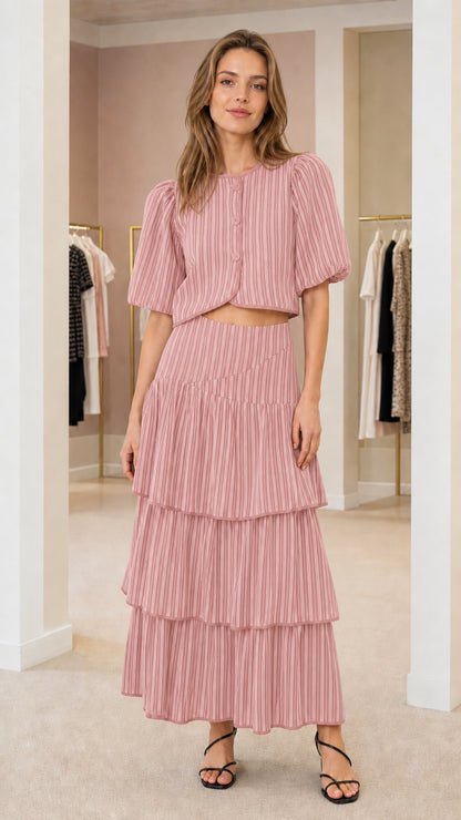 Front view of model wearing pink pinstripe matching set