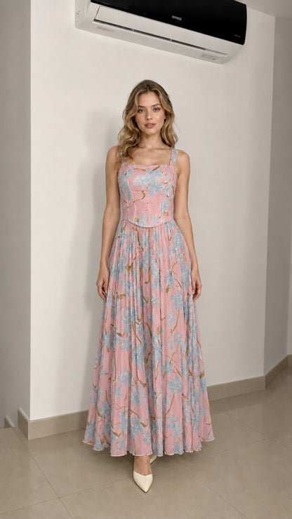 Model wearing pink floral maxi dress