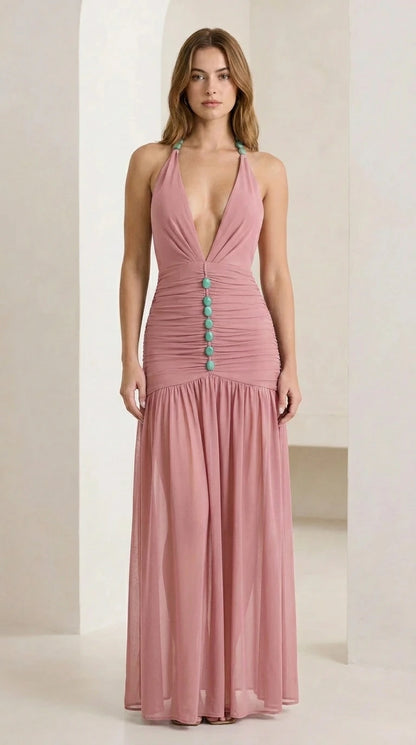 Front view of pink halter neck ruched maxi dress