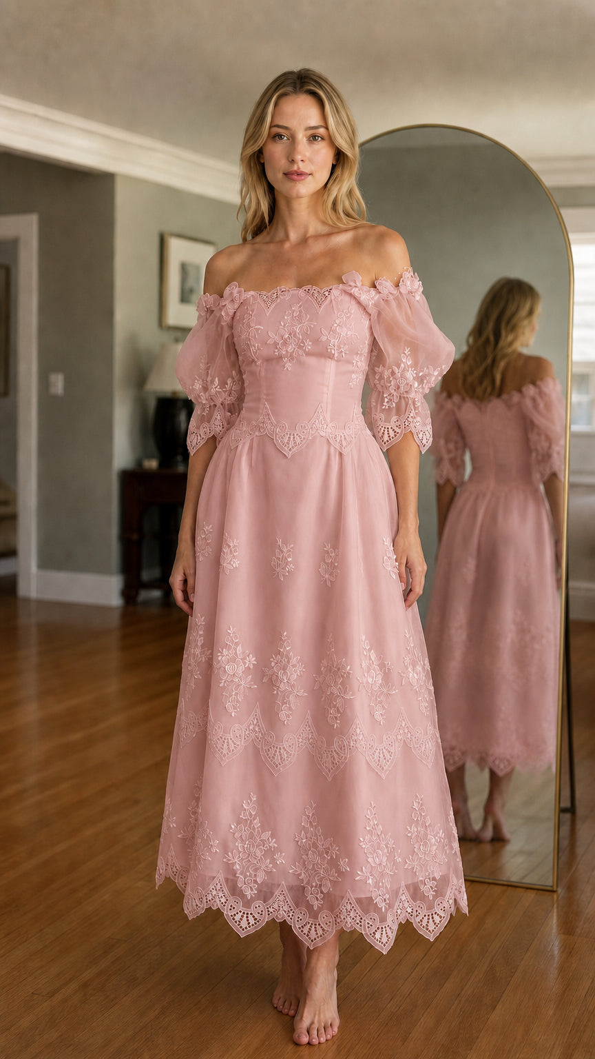 Woman wearing pink off-shoulder embroidered midi dress