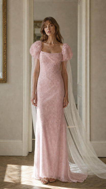 Front view of pink lace maxi dress with cape